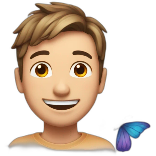 A happy person with hearts in his eyes and butterflies around his head emoji