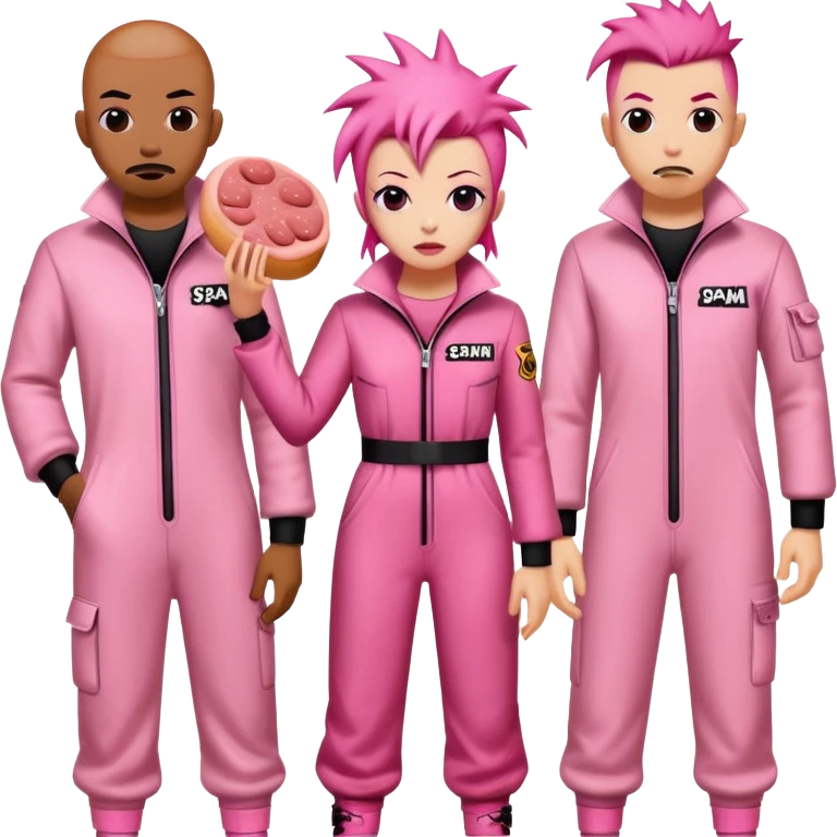 punk artists in pink jumpsuits protesting for spam meat is art emoji