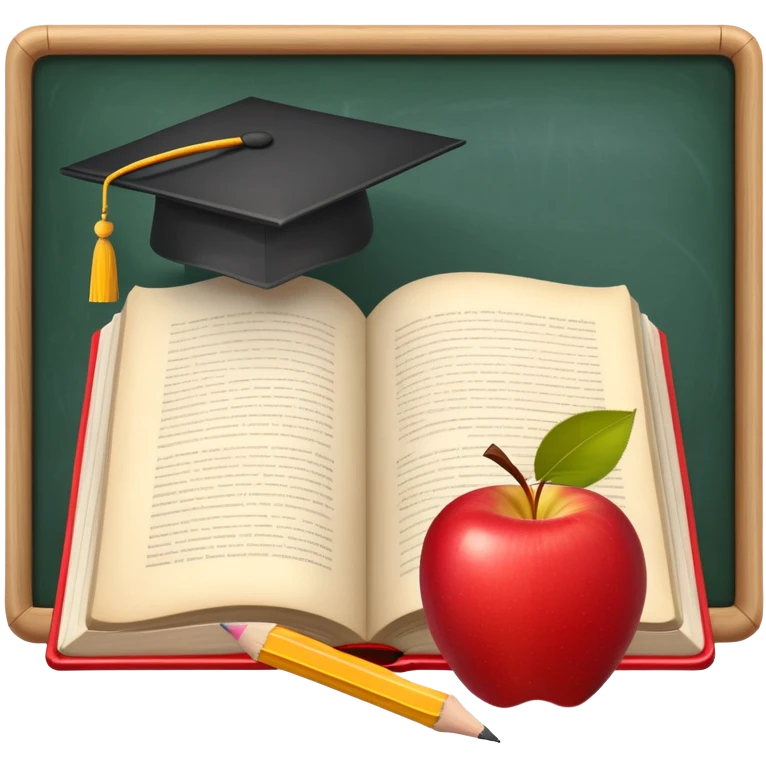 An icon featuring an open book, a pencil, and an apple, symbolizing education and pedagogy. The design includes a chalkboard with a lesson plan and a graduation cap, representing teaching and learning. Transparent background highlights the nurturing of knowledge and growth. emoji