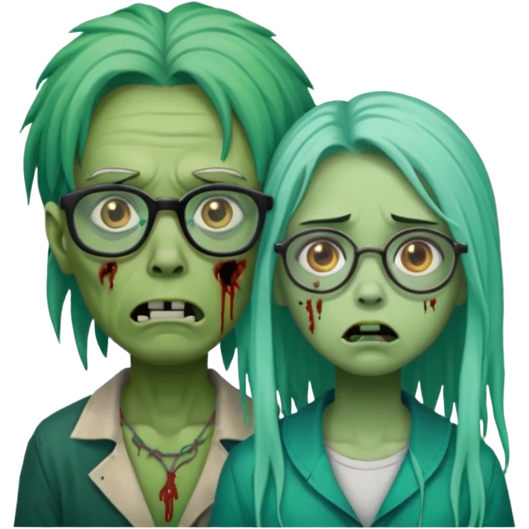 green-skinned, zombie with glasses, a girl with ombre black & teal long dreadlocks and a worried expression with a small wound near its mouth. emoji