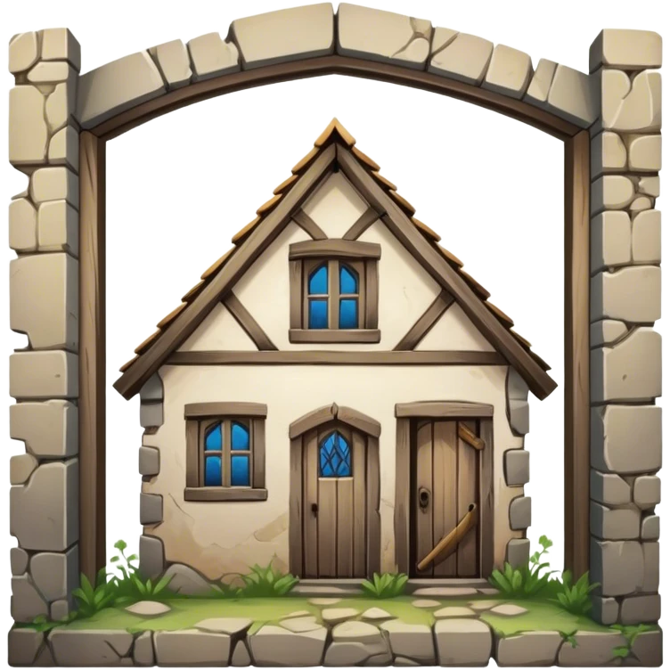 An old, windowless, dilapidated medieval shack building. transparent. emoji