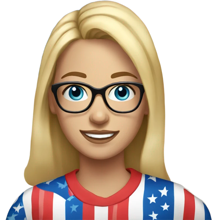 A woman wearing an American flag shirt, pretty, medium blonde hair, blue eyes, glasses, white teeth, freckles emoji