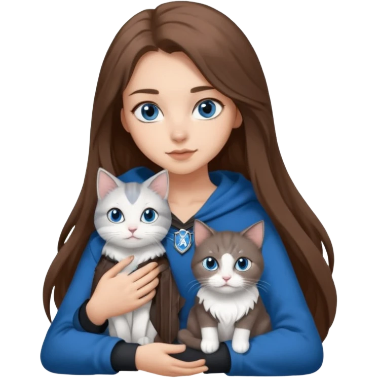 gorgeous Girl with light skin, blue eyes, long brown hair, wears a ravenclaw outfit, with a grey and white cat holding in her arms emoji