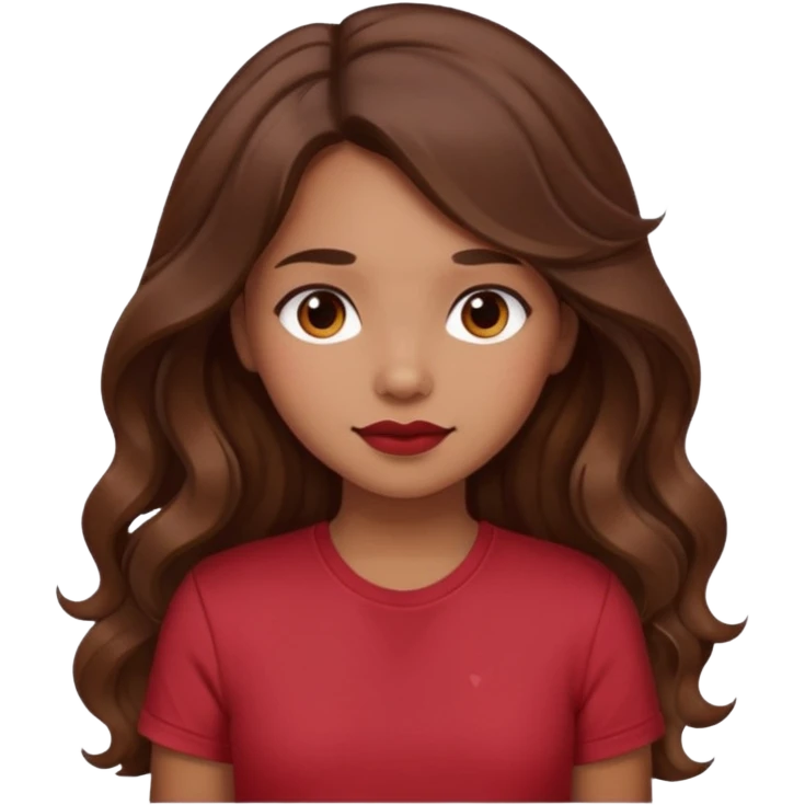 Light brown girl with long wavy brunette hair and blush, wearing dark red tshirt emoji