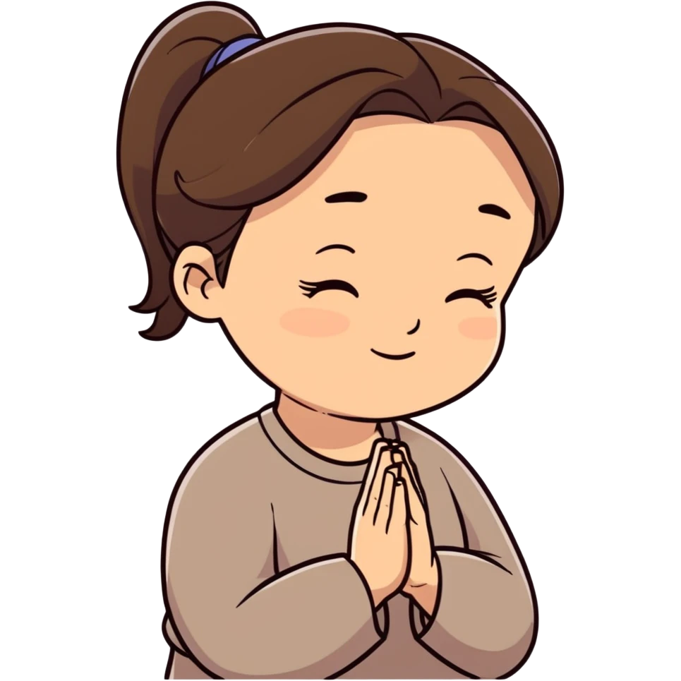 Photorealistic middle aged woman medium dark brown hair in ponytail light medium skin praying emoji