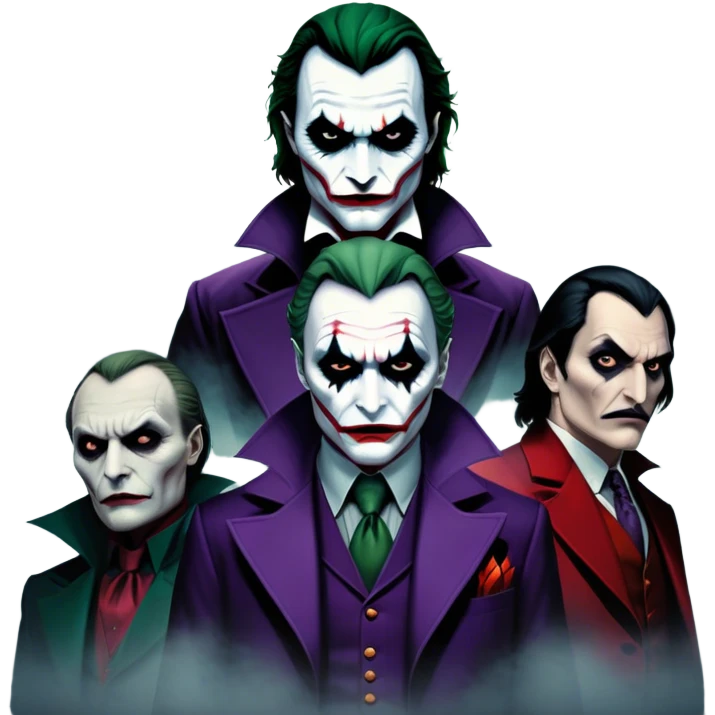 Thriller Movie Icon: A dark, intense collage with close-up images of iconic thriller characters like Joker, Hannibal Lecter, and Vlad Dracula. The background features a moody Gotham City skyline, with shadowy figures and fog. Atmospheric, suspenseful tone. Transparent background. emoji