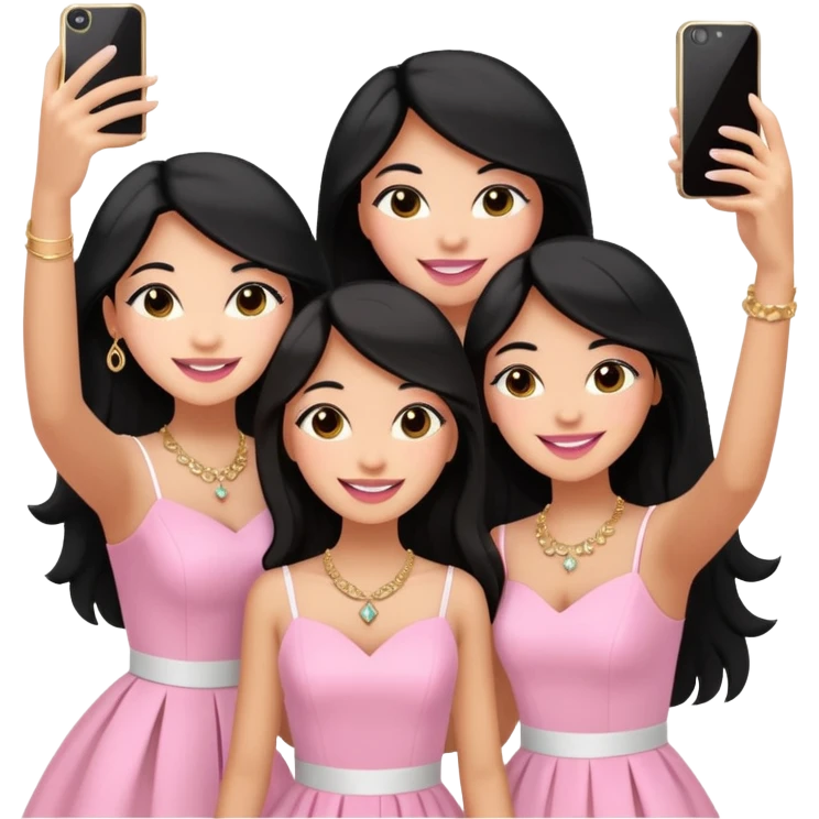 Just 3 besties with professional glammed up looks wearing pink and white, all medium skin tone smiling big with black long hair. Very girly wearing simple jewelry, taking a selfie  emoji