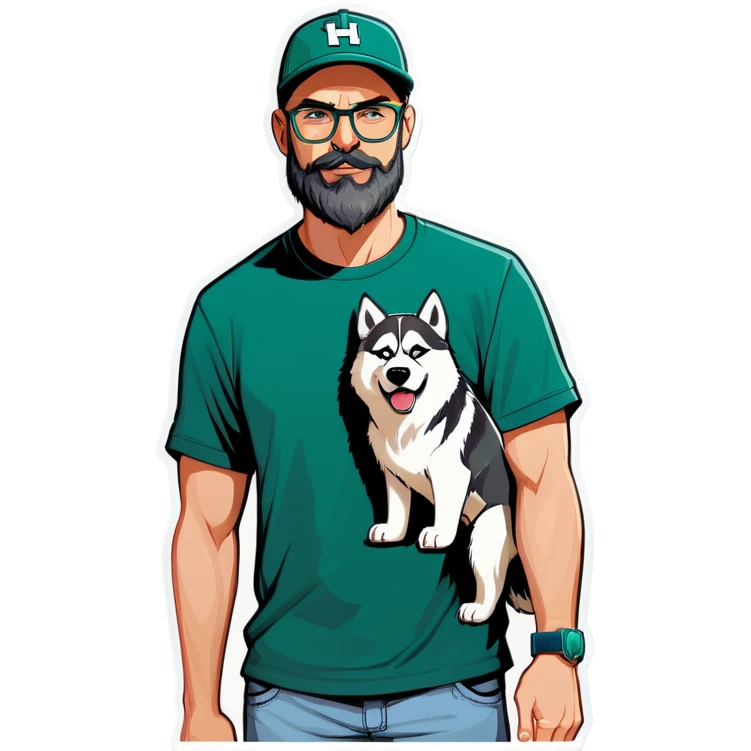 A bold man with a grey baseball cap, green eyes, big beard and glasses next to a husky dog emoji