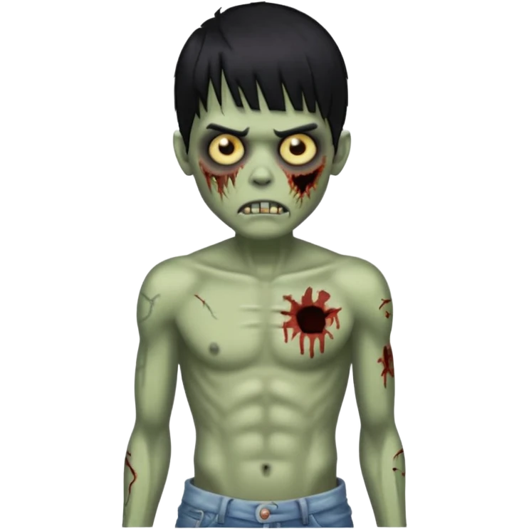 Menino de cabelo liso preto com franja zumbi sem camisa emoji