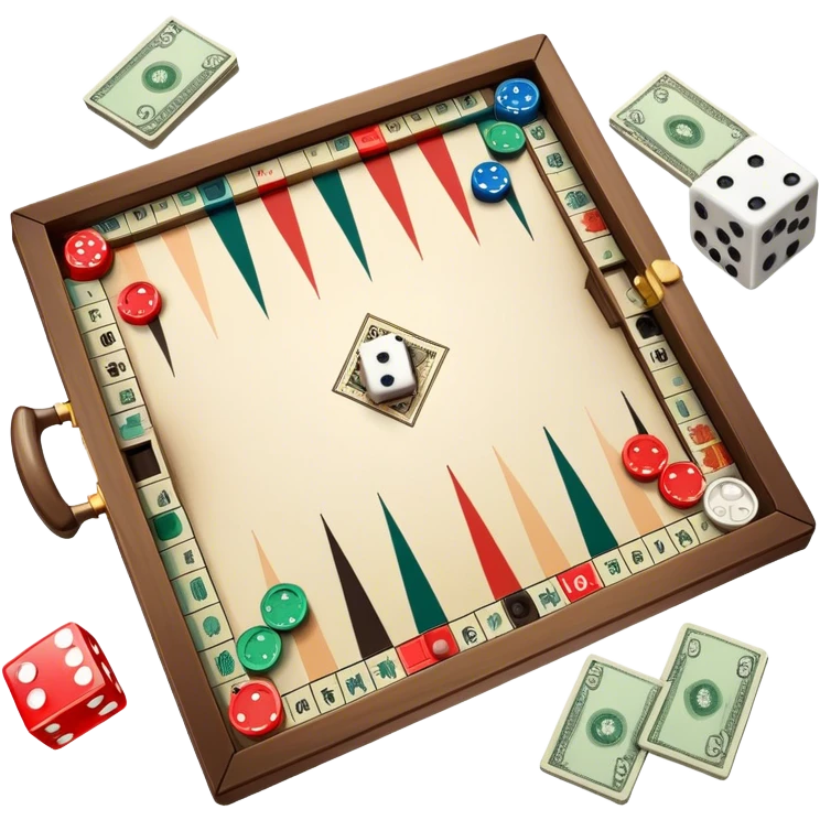 A photorealistic icon featuring a backgammon board with dice, a Monopoly board with money and property cards and a Game of Life spinner. The design captures the detailed textures of the boards, pieces, and accessories. Transparent background. emoji