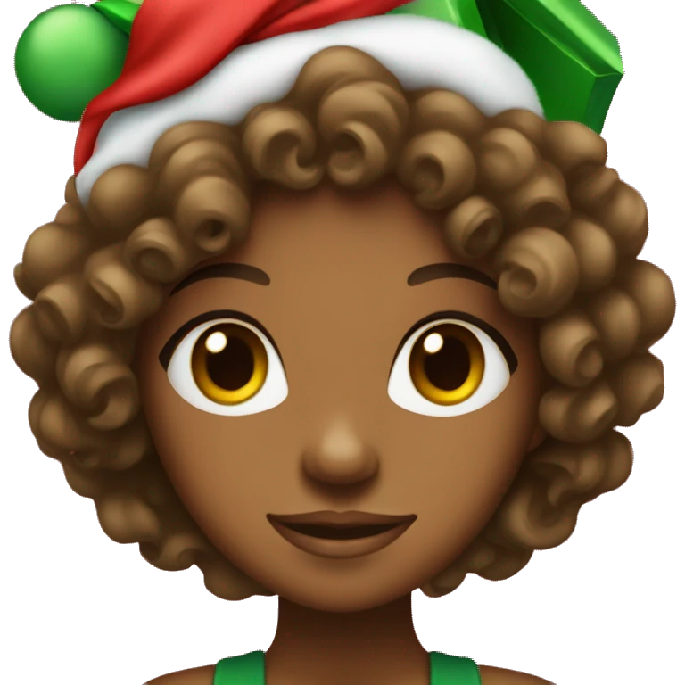 A brown skin girl with curly hair in a Christmas hat with a red and green gift in hand. emoji