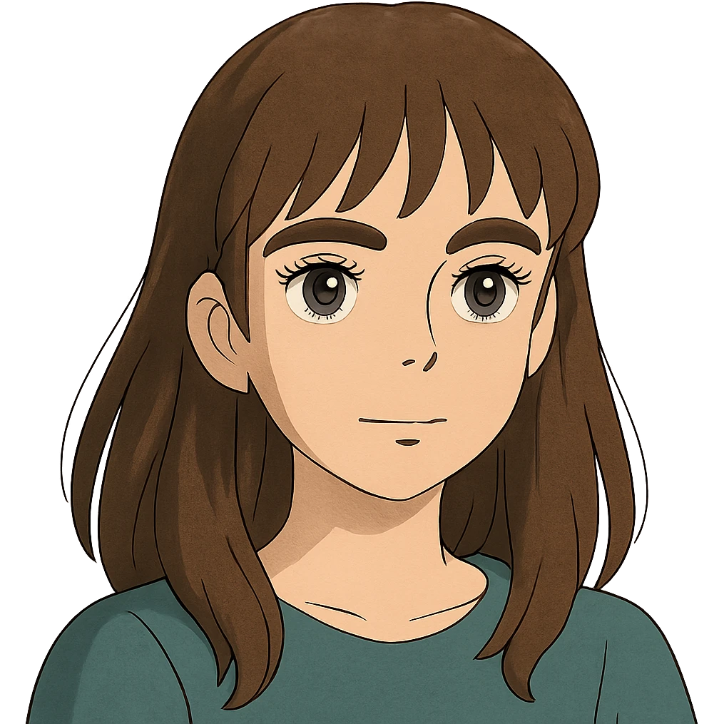 ghibli style pretty girl with thick eyebrows, straight brown hair and brown eyes, curled eyelashes emoji