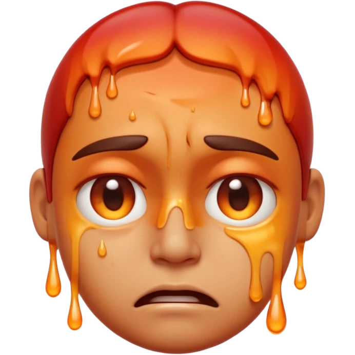 Apple-style emoji illustration of a person melted, overheated face with sweat drops, half-closed exhausted eyes, annoyed or angry expression, warm orange and red tones, soft 3D emoji style, smooth gradients, rounded shapes, centered composition. emoji