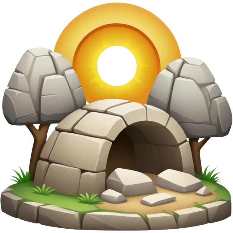 He is risen text with empty tomb and stone rolled away emoji