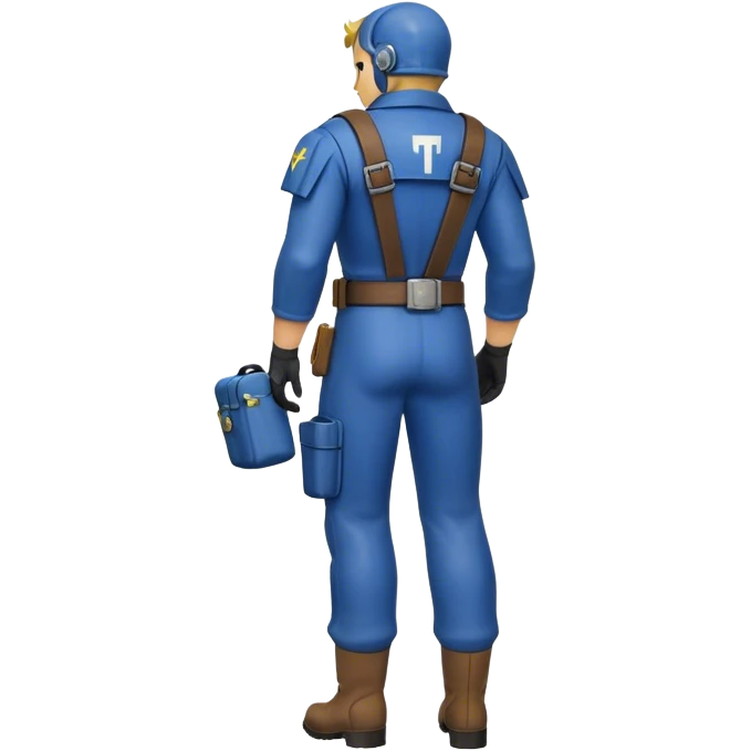 Vault Dweller emoji, style: flat, minimalist, character wearing blue Vault 13 jumpsuit (torn sleeve, bandage on arm), seen from the back, shoulder pad, leather belt with pouches, boots. Simple background. Fallout game series. emoji