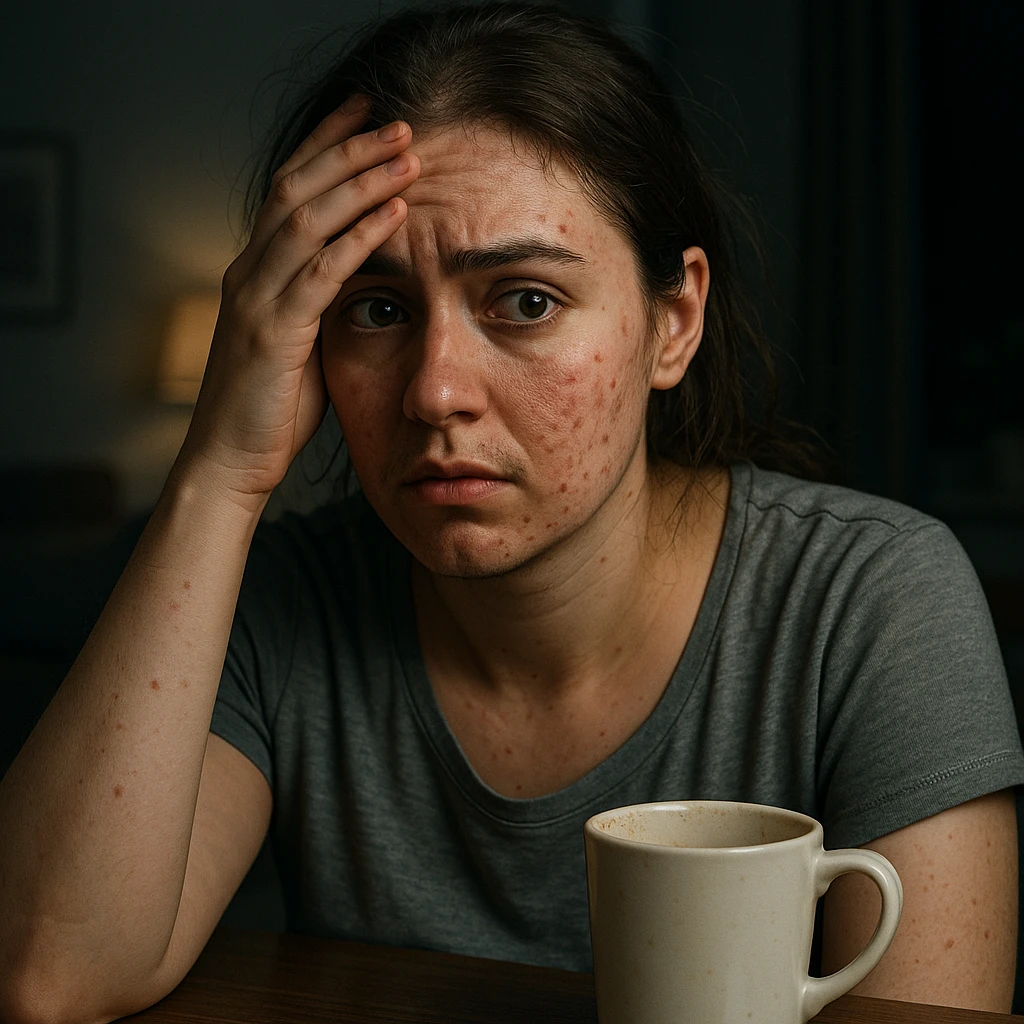 hyperrealistic 4K detailed image of a woman with PCOS and high cortisol, face with acne and chin hair, thinning hair, anxious expression, hand on forehead, empty coffee cup on the table, nighttime home environment emoji