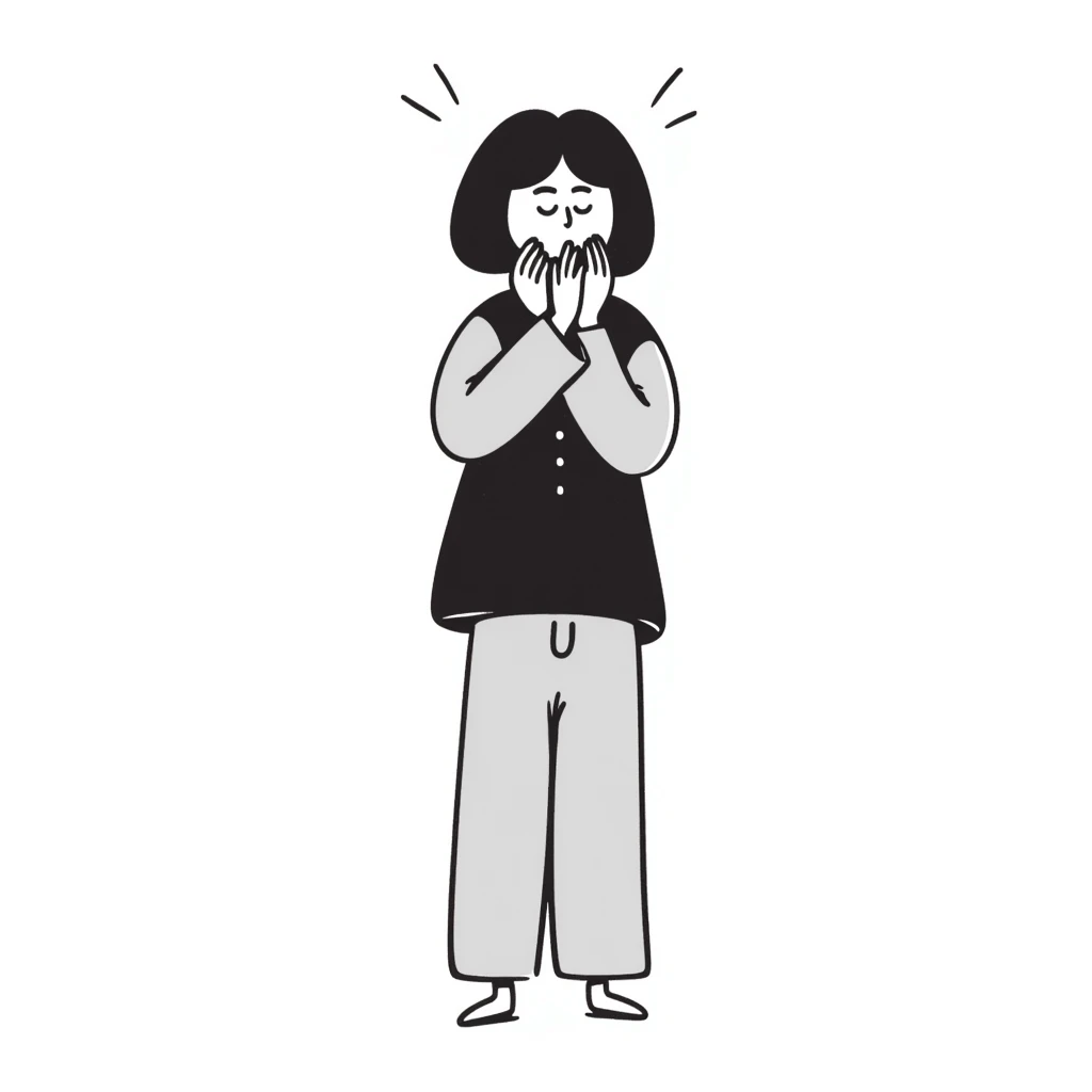 person with their own hands around their neck, self-choking, expressive lines, hand drawn doodle style emoji
