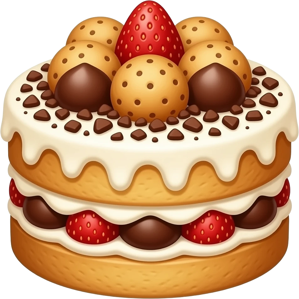 biscuit balls on cake with strawberry/chocolate/vanilla topping + crumbs topping emoji