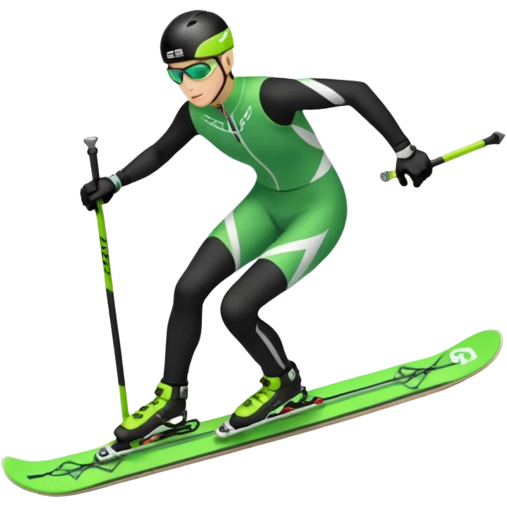 Xc ski racer in green and black clothing. Full body, skate skiing uphill emoji