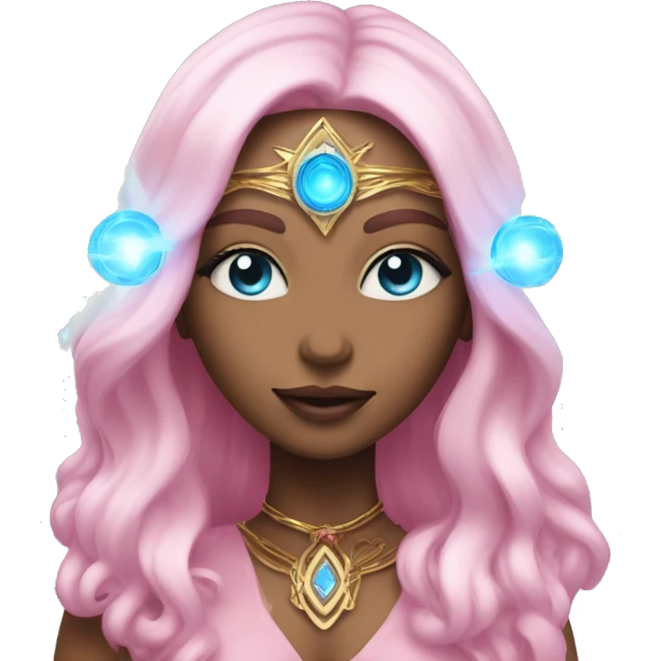 magical diva with thin pink andromedan skin long hair and blue eyes glowing third eye emoji