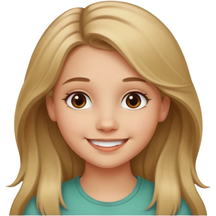 A smiling young girl with long dirty blonde hair and hazel green and brown eyes emoji