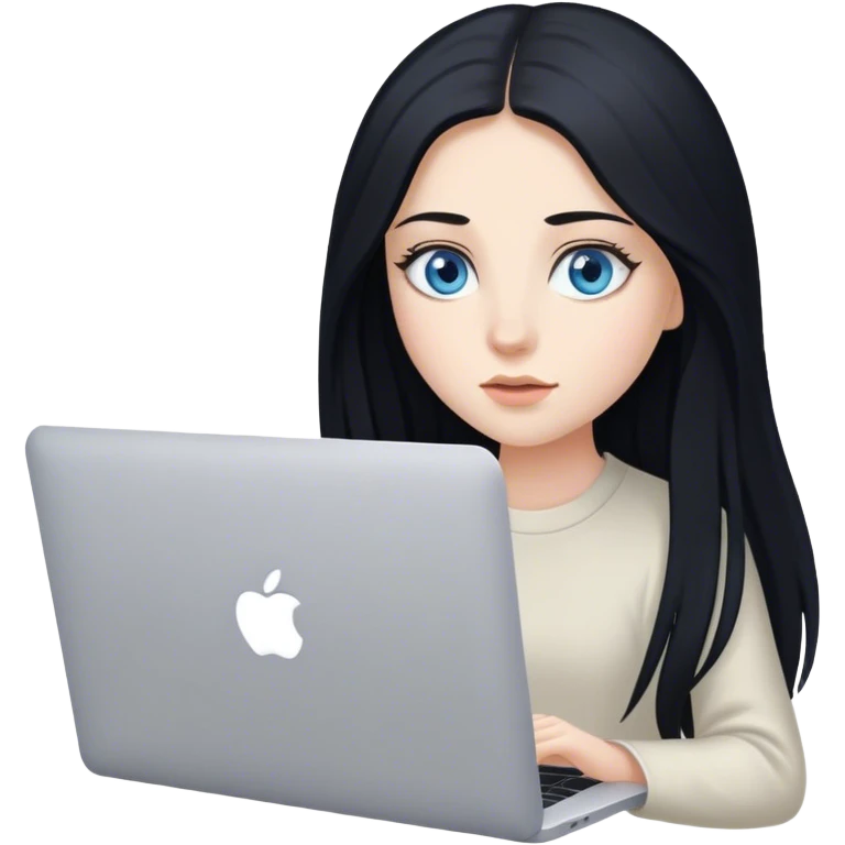 russian, girl, long black hair, blue eyes, beautiful girl with MacBook  emoji