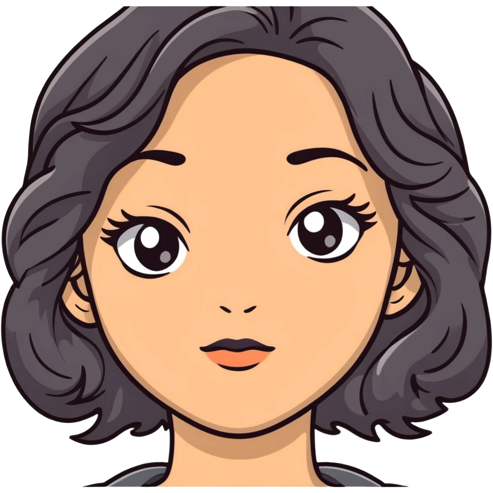 woman face with big grey eyes, medium skin tone, and black wavy hair emoji