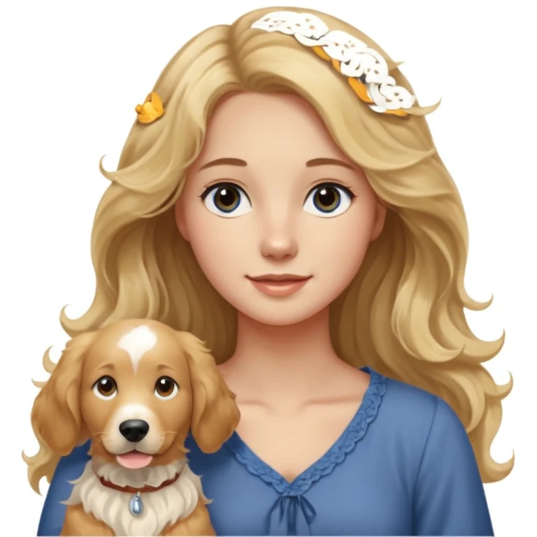 20-year-old woman with very long, wavy, blonder dirty blonde hair with brown highlights and dark blue eyes, standing with an English cream golden retriever, sunset background, friendly and warm scene emoji
