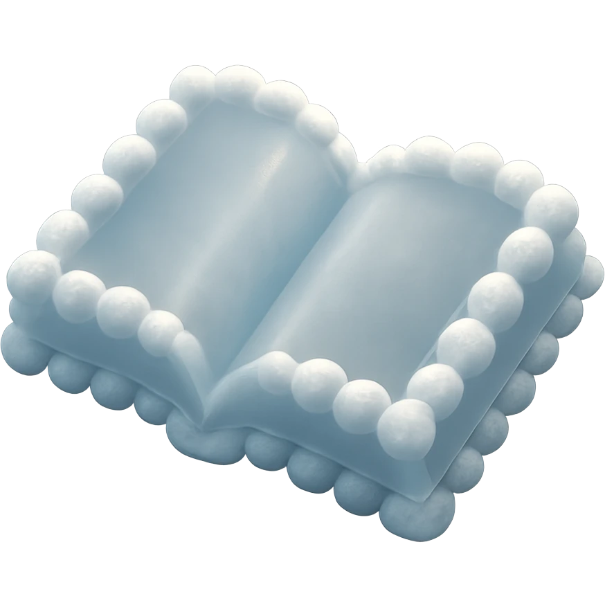 top view of a thick open book made entirely of small, very bright white fluffy convex clouds, matte glass style emoji