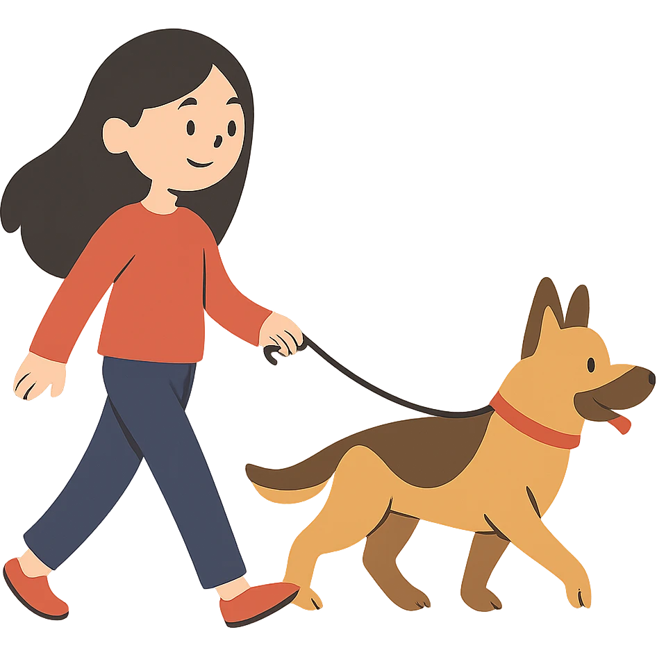 flat toon style girl with long black hair walking a German Shepherd emoji