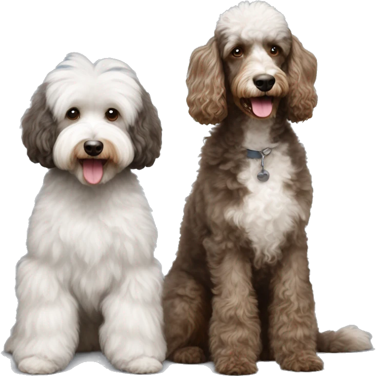 Brown and white poodle beside a grey aussiedoodle emoji