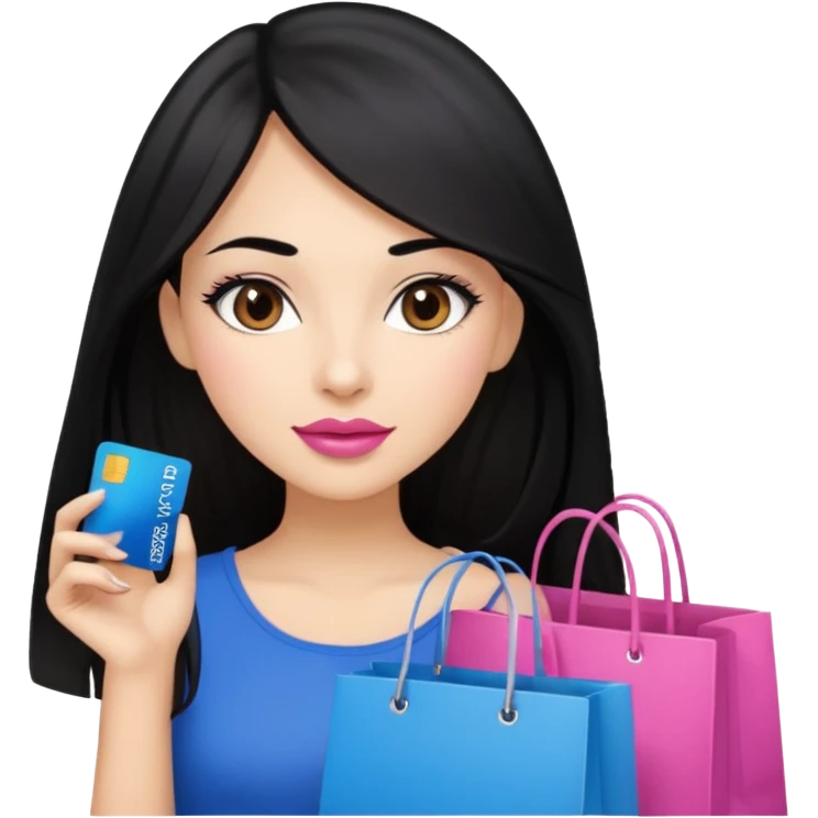 Girl with long black hair and crown, pink lipstick, brown eyes holding shopping bags and blue credit card emoji