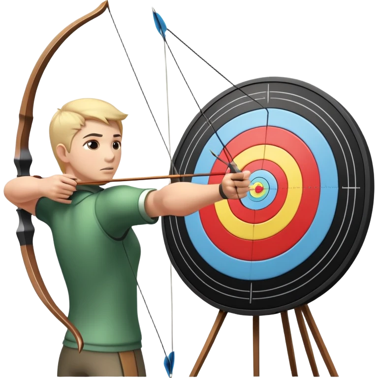 An archer pulling back a bowstring, aiming at a target in the distance. The target features concentric rings, and the scene conveys focus and precision. The background captures the essence of an outdoor archery range, highlighting skill and concentration in the sport. emoji