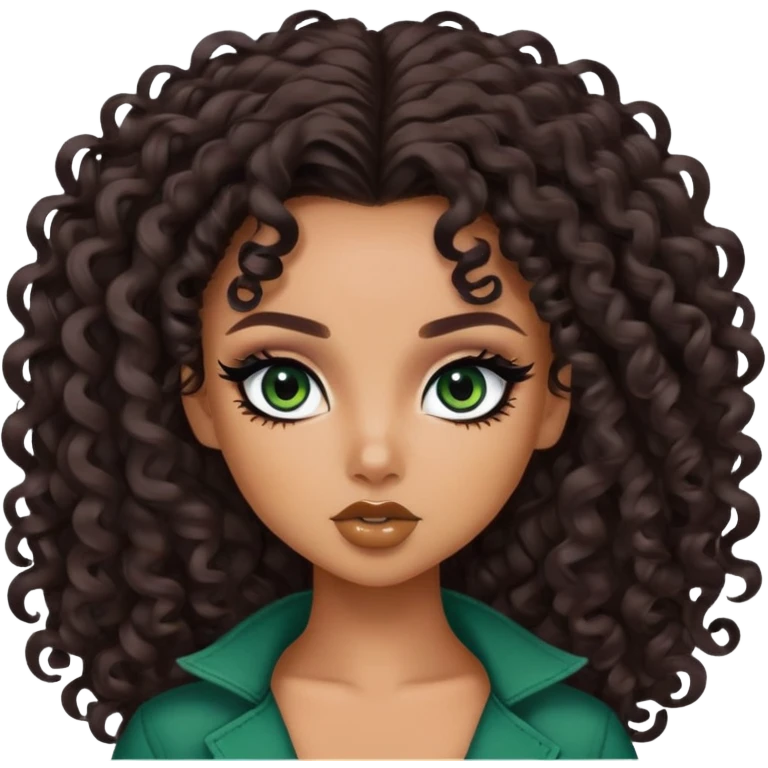 curly long dark brown hair, tan skin,  dark green iris, pretty bratz baddie, black eyeliner emoji