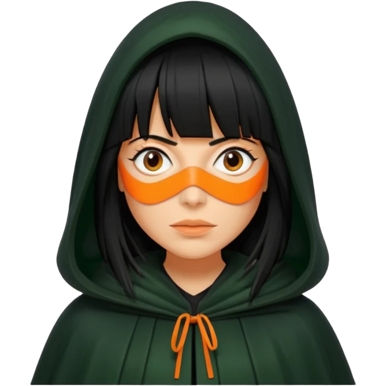 traitor tv show, person wearing dark green cloak with hood up who looks like claudia winkleman orange skin tone and thick black fringe emoji