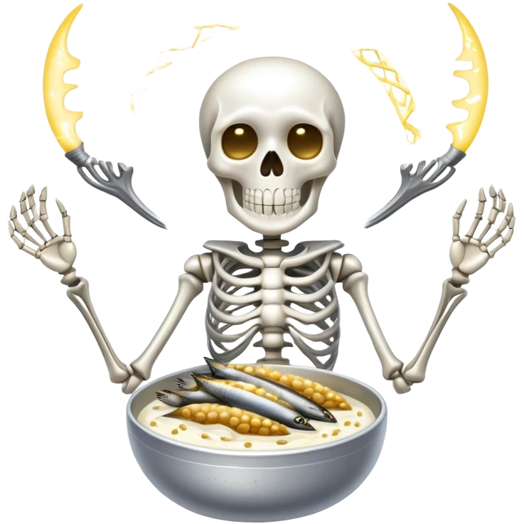 Silvery sardines, bright white yogurt, and golden sesame seeds orbiting around a glowing skeleton, with light beams connecting them to bones emoji