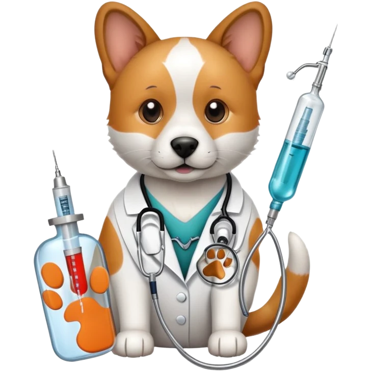 An icon featuring a stethoscope, a paw print, and a syringe, symbolizing veterinary medicine. The design includes a dog and a cat, alongside medical tools, representing animal care, diagnosis, and treatment. Transparent background highlights the science of animal health and well-being. emoji