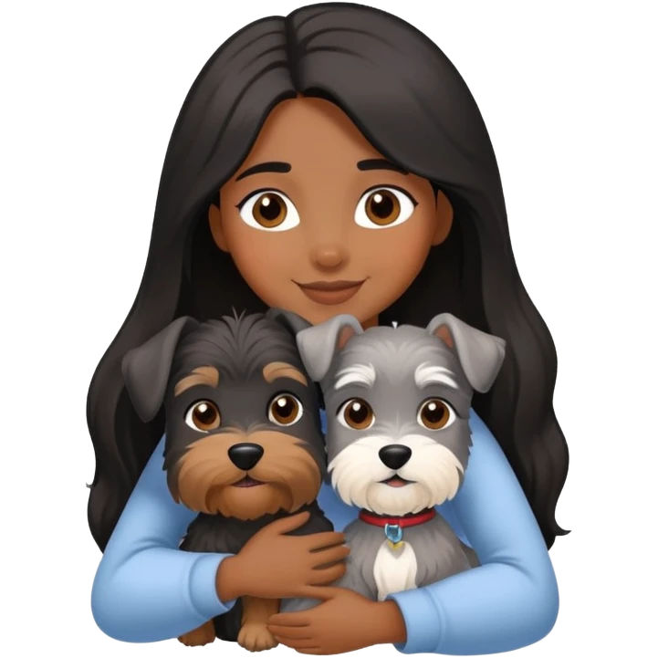 A black long-haired girl happily hugs a Schnauzer emoji
