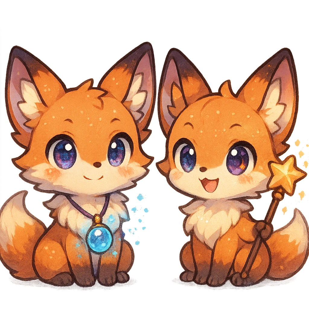 chibi anime style fox duo, both magical, one with a sparkling amulet, the other with a star-tipped staff, cute, colorful, detailed emoji
