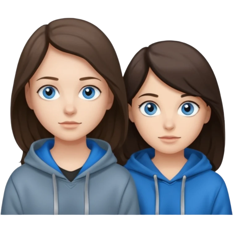 Brunette, blue eyes, hoodie. Standing next to, blue eyes, ash hair, hoodie emoji