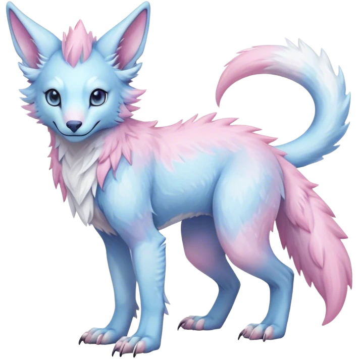 Feral Rare Fantasy cute realistic adorable pastel pink light-blue white iridescent Vernid-Sergal-hybrid by LiLaiRa, markings, tufted ears, full body emoji