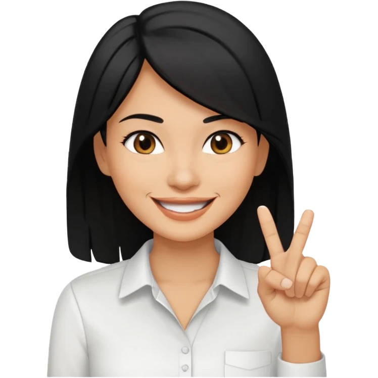 Haz una imagen de una mujer con cabello negro con cabello en capas , con una sonrisa en su cara y la punta de su dedo indice entre sus dientes emoji