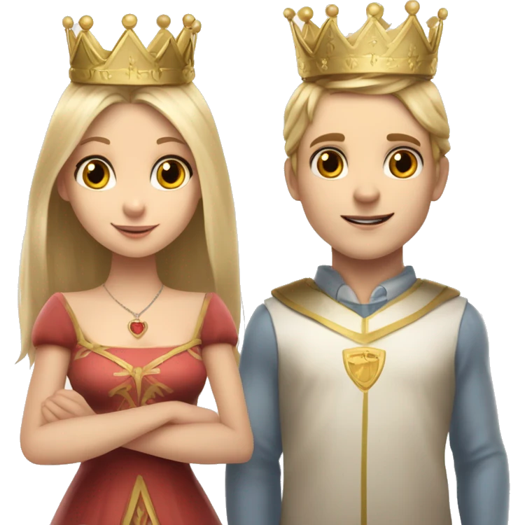 Two rabbits a girl and boy they both have crowns on because they are a queen and king. Boy has blonde hair, girl has long dark brown hair. They are holding a sign saying Team Bunny Forever  emoji