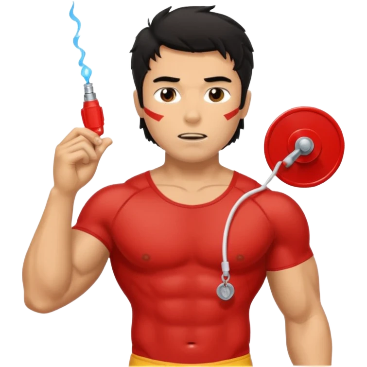 Shirtless Dark Tan Muscular lifeguard with messy black hair with whistle emoji