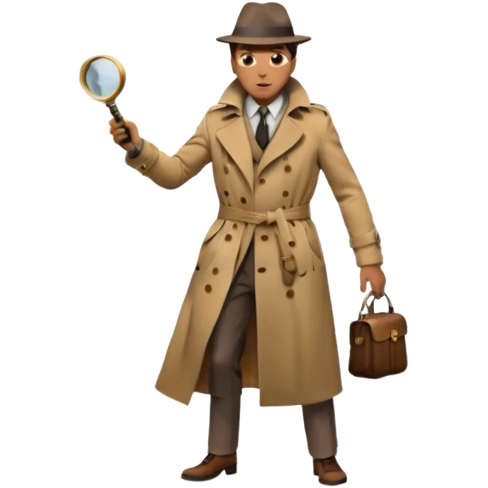 Icon for Detective Movie: A vintage movie poster-style design of a mysterious detective in a trench coat, holding a magnifying glass. Include dark alleyways, fog, and shadowy figures. The design should evoke a classic noir detective story with retro cinematic typography. Transparent background. emoji