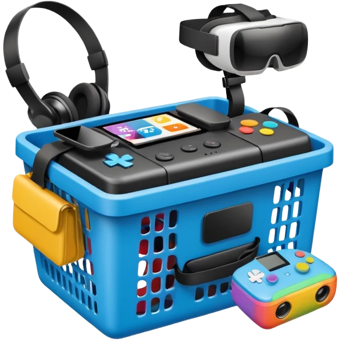 shopping basket with a gaming console, VR headset, and action camera emoji emoji