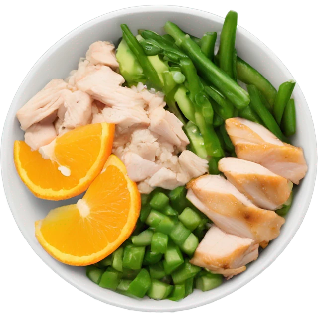 Poke bowl with chicken, avocado, orange, cucumbers and green beans; side view emoji