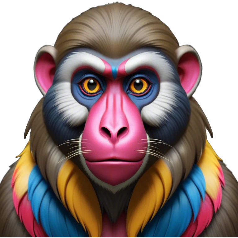 Cinematic Noble Mandrill Portrait Emoji, Poised and regal, with a striking, powerful build and a vivid, multicolored face accented by bold blue, red, and yellow hues, deep-set soulful eyes, Simplified yet sharp and sophisticated features, highly detailed, glowing with a vibrant, dignified glow, high shine, intelligent and commanding, stylized with an air of exotic majesty, focused and attentive, soft glowing outline, capturing the essence of a watchful and confident primate, so majestic it feels as though it could step out of the screen with effortless authority! emoji