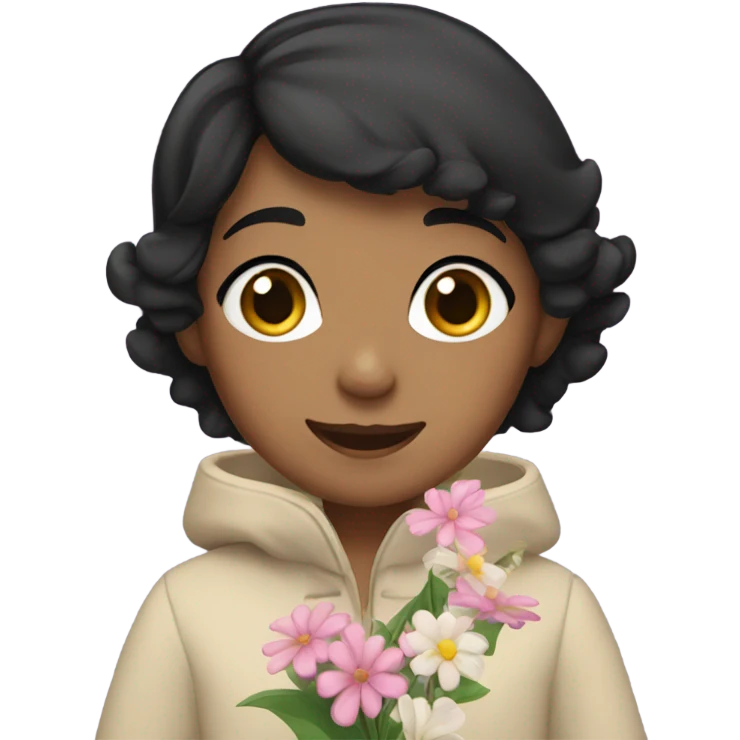 A girl with very short black hair, fair skin, and brown eyes wearing a coat and waving flowers emoji