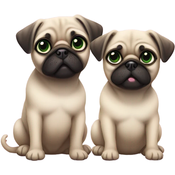 Baby pug with big green eyes sitting next to a baby pug with pink eyes  emoji